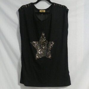 BEULAH STYLE | large | Black Sleeveless Top | Shiny Star Front & Spike Shoulders